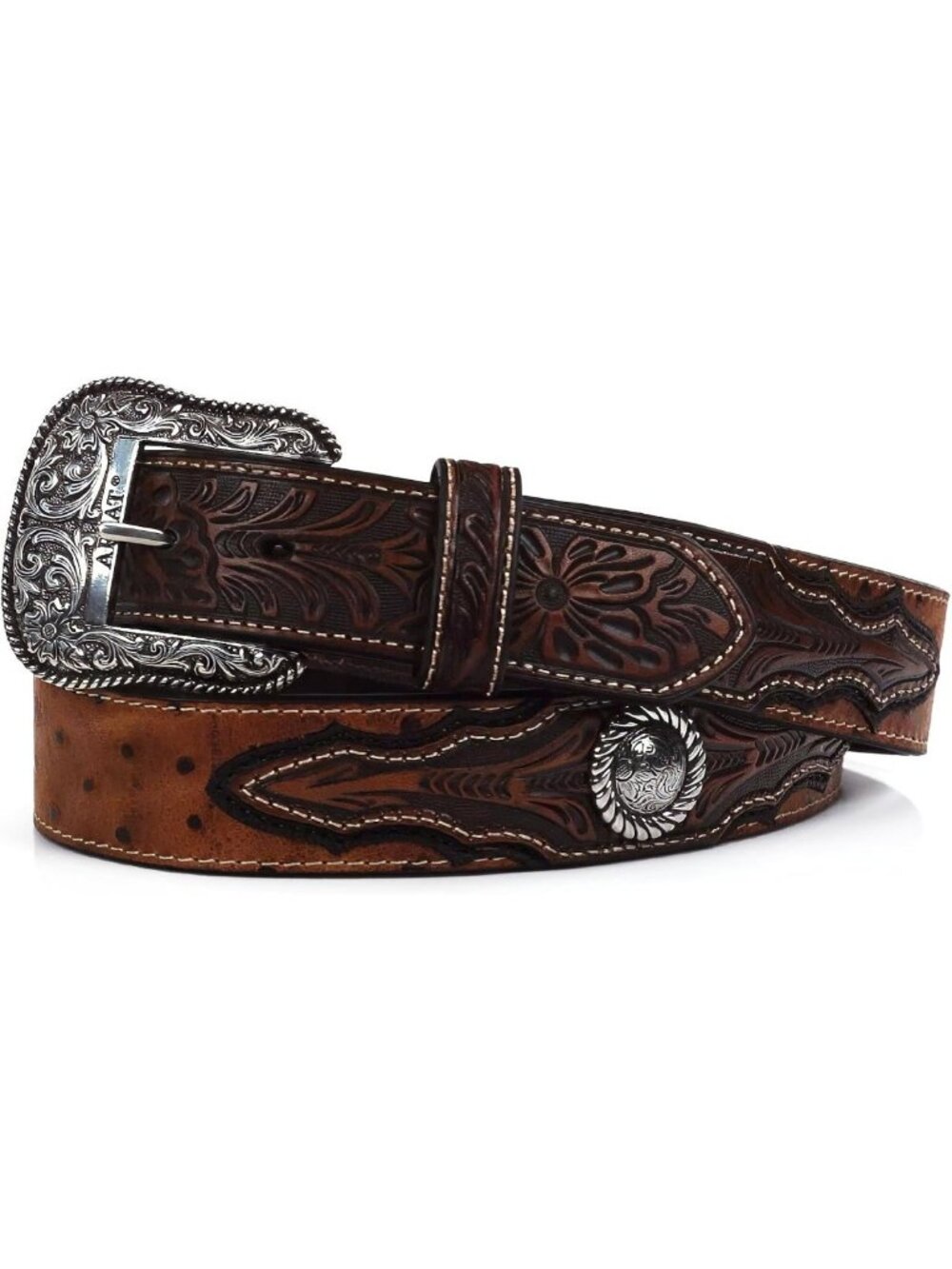 Stylish Faux Ostrich Leather Belt for Men with Floral Embossing & Silver Accents